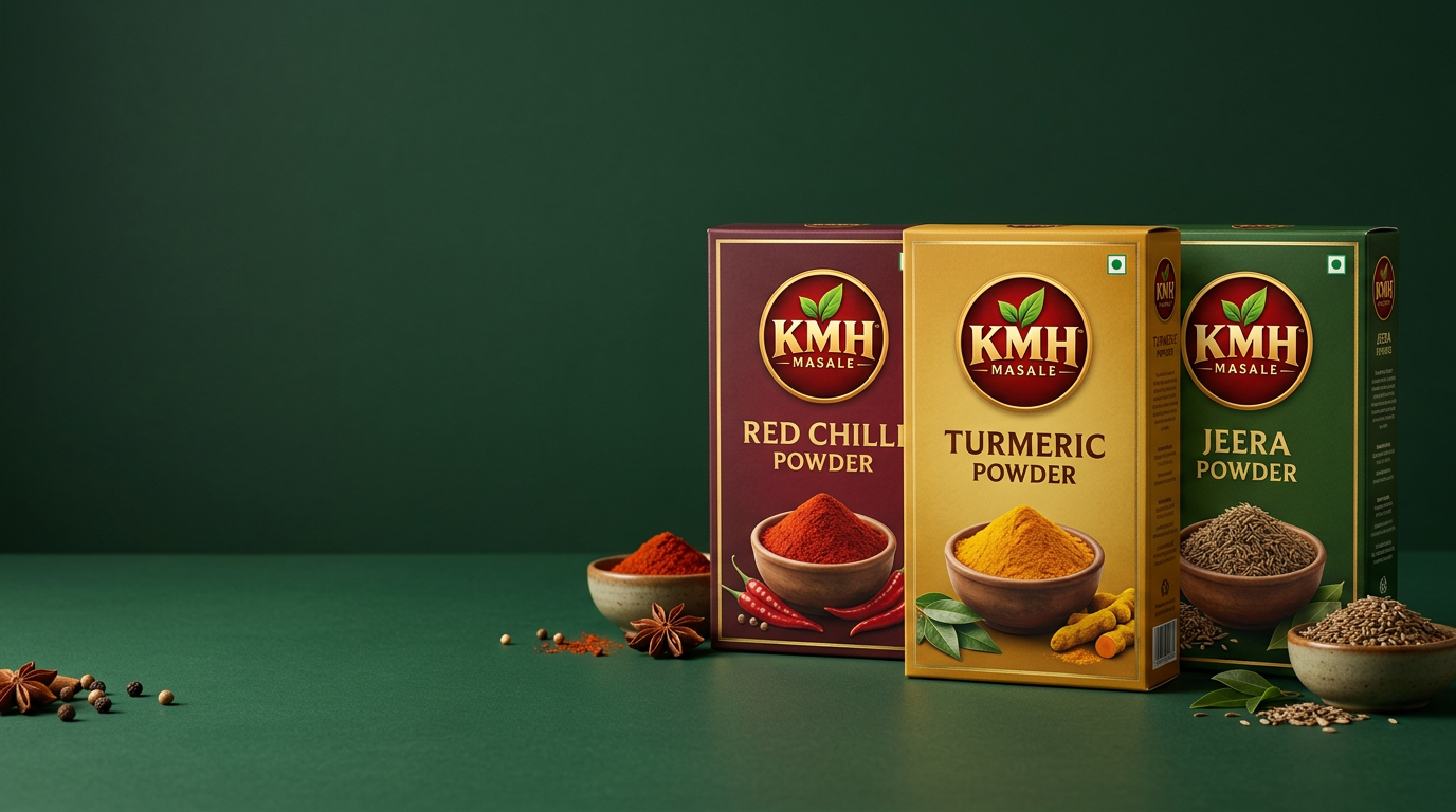 KMH Masale red chilli, turmeric and jeera in premium spice boxes